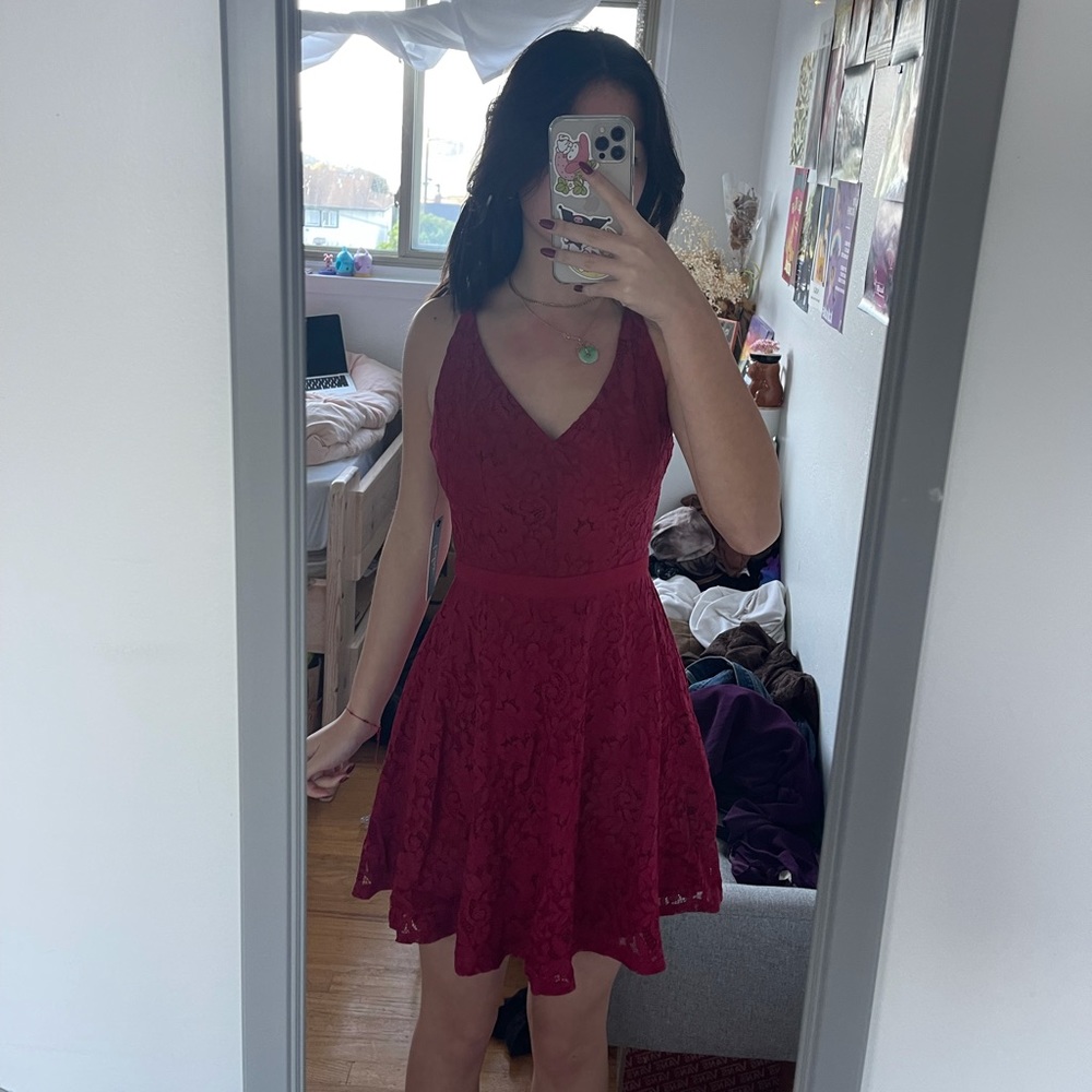 red lulu’s floral lace mini skater dress